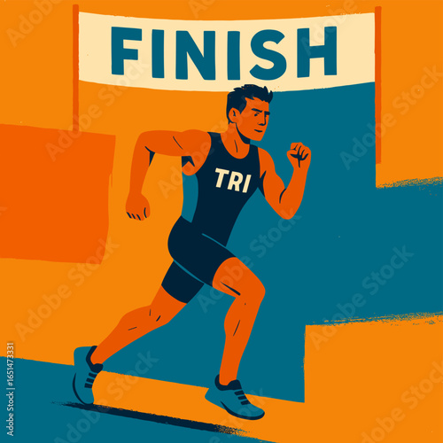 Triathlete sprints to finish line in retro sports design