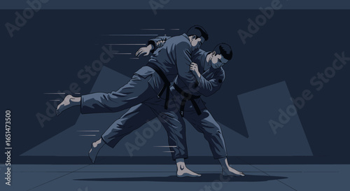 Dynamic martial arts grappling scene in a dark athletic arena