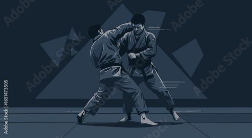 Dynamic martial arts grappling scene with geometric background in dark tones