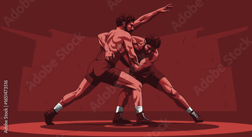 Dynamic wrestling match in dramatic comic style with intense red tones