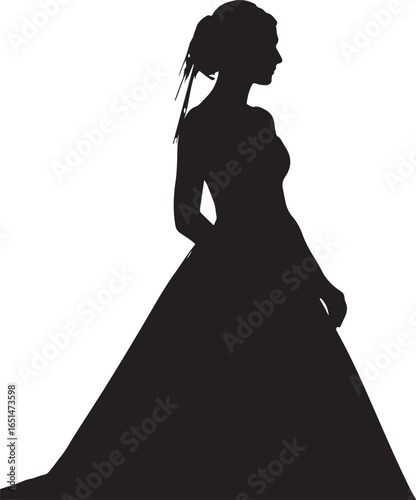 Black silhouette of a woman in a flowing ball gown with hair tied up female person