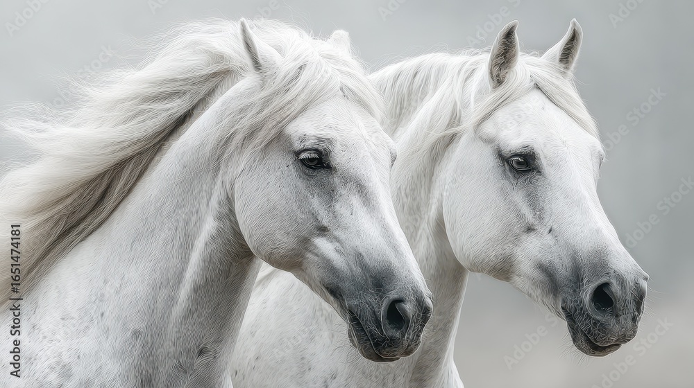 Obraz premium Majestic white horses standing side by side in a serene landscape under soft light
