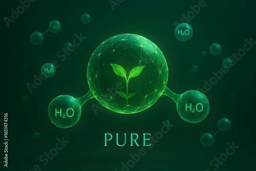 Green molecule with sprout and bubbles representing purity