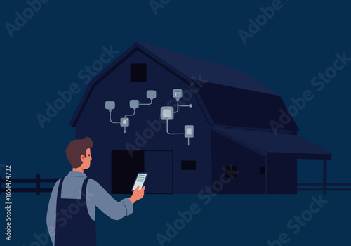 A farmer monitors barn temperature with a tablet at night. Modern technology meets rural life. Clear, detailed illustration.