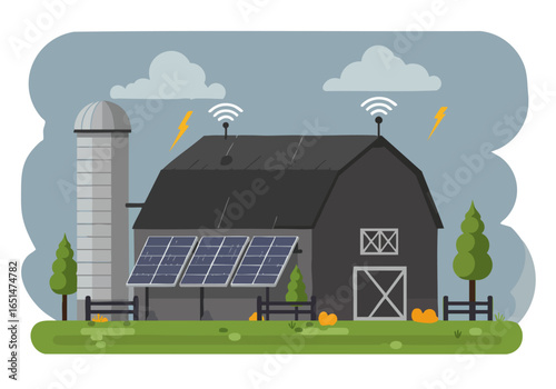A modern barn with solar panels and smart technology, set against a rainy sky.  Ideal for sustainable agriculture and rural lifestyle visuals.