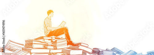 Young man engrossed in reading a book while sitting atop a large pile of diverse volumes, symbolizing knowledge and learning