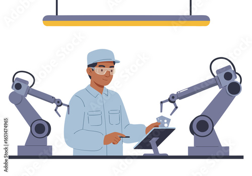 A technician oversees robotic sorting, utilizing a tablet for quality control. Modern factory setting with industrial robots and a focused worker. Clean, professional aesthetic.