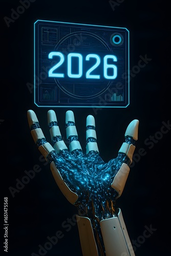 Robotic hand presents futuristic digital display of the year 2026