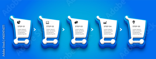 Shopping cart style blue infographic design with five editable business steps