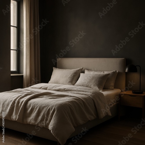 Cozy minimalist bedroom with beige linens and dark walls in soft natural light
