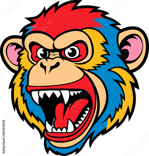 Colorful angry monkey head mascot artwork illustration, bold cartoon style animal logo design for sports, gaming, and team branding Illustration 