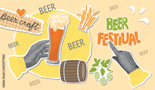 Beer festival horizontal banner with hand written, note, hands with gestures, wooden barrel, glass of foamy drink, sprig of hops, ears of wheat or barley, heart. Vector collage elements set. 