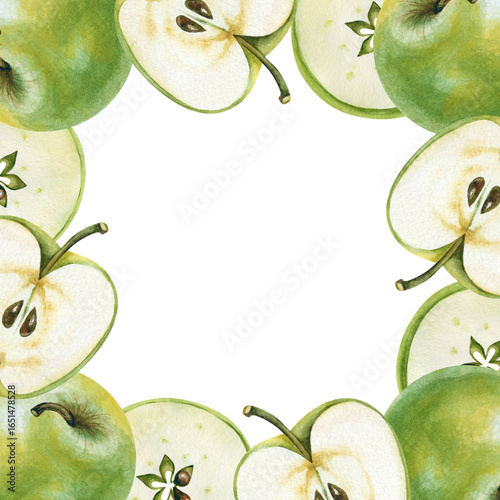 Watercolor square frame made of green Granny Smith apples. Handmade illustration, highlighted on a white background. Autumn fruit template for menus, invitations and business cards
