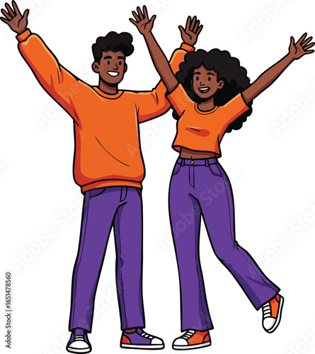 Happy young man and woman celebrating with raised hands wearing orange and purple casual clothes vector illustration 