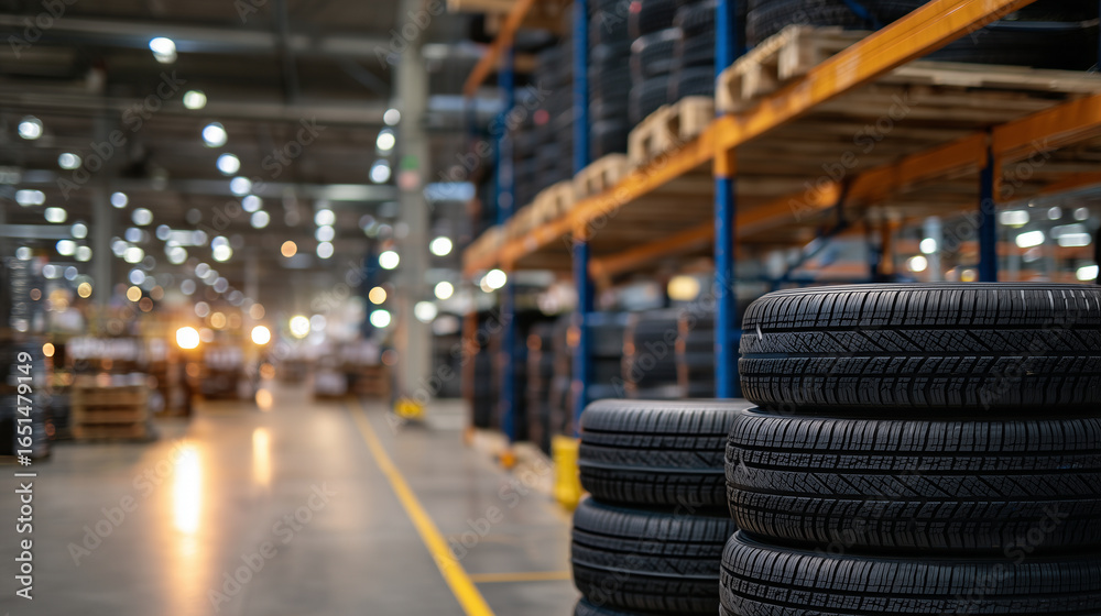Obraz premium Neatly stacked tires on metal shelving units in automotive supply warehouse, warm lighting highlighting industrial organization and efficiency,
