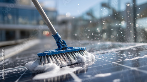 Detailed view of solar panel being cleaned with brush, water droplets and foam visible, sunlight glinting off glass surface, focus on sustainability,