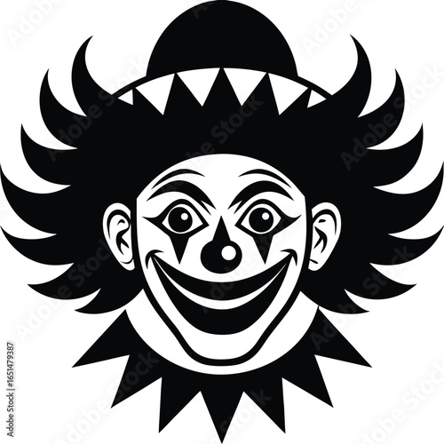 Vector art of a whimsical clown face with a painted smile and exaggerated features creates a playful and humorous design