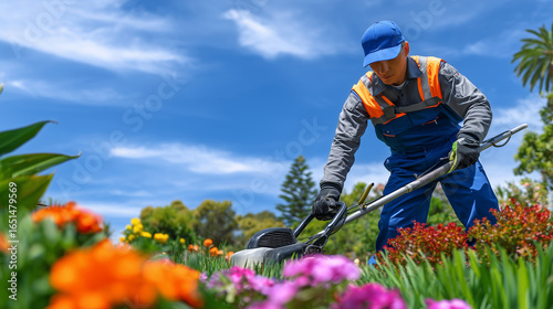 Male gardener mowing lawn with electric trimmer, perfectly green grass under clear blue sky, garden tools and shrubs visible in background, outdoor yard work scene,
