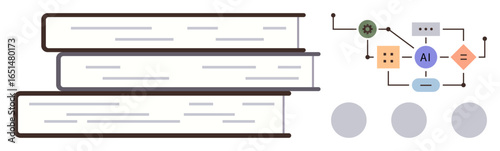 Stacked books alongside an algorithm flowchart symbolize AI and machine learning principles. Ideal for education, technology, innovation, knowledge, data analysis, learning systems, digital