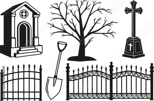 Vector art of a spooky cemetery scene featuring a mausoleum tree tombstone cross shovel and wrought iron gate creates a haunting halloween or gothic design