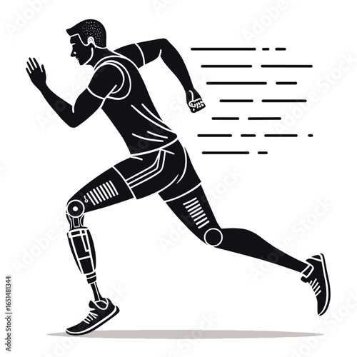 Runner with prosthetic leg sprinting against black background