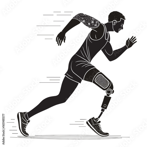 Runner with prosthetic leg sprinting against a black background
