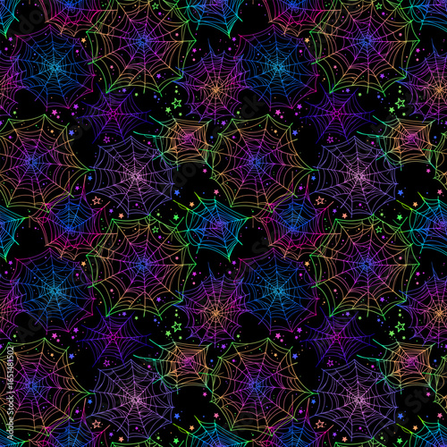 Seamless background of multicolored spider web on black background