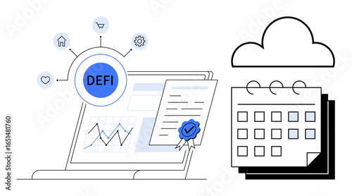 Laptop screen displaying decentralized finance with charts and connected icons, smart contract, calendar, and cloud storage. Ideal for finance, blockchain, planning, automation, cloud systems