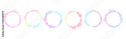 Rainbow colored radial wave pattern with glowing neon tones. Abstract representation of music frequencies in a bright, modern vector.