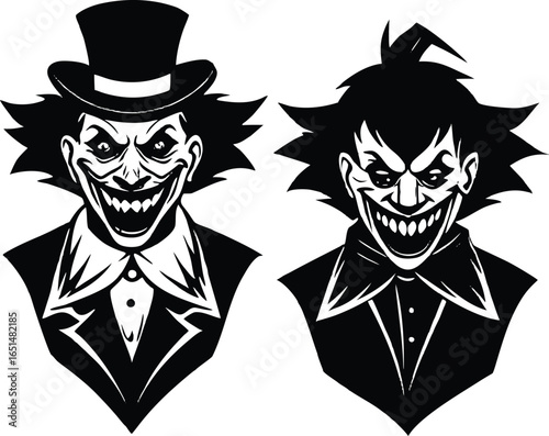 Vector art of two scary clowns with evil smiles and sinister eyes perfect for a horror themed design or halloween event invitation