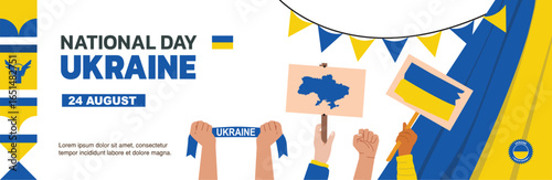 Happy Ukraine Independence Day White background template with ornaments and euphoric people	