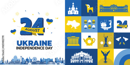 Ukraine Independence Day design, landmarks and icons as symbolic patterns for the August 24th celebration.	