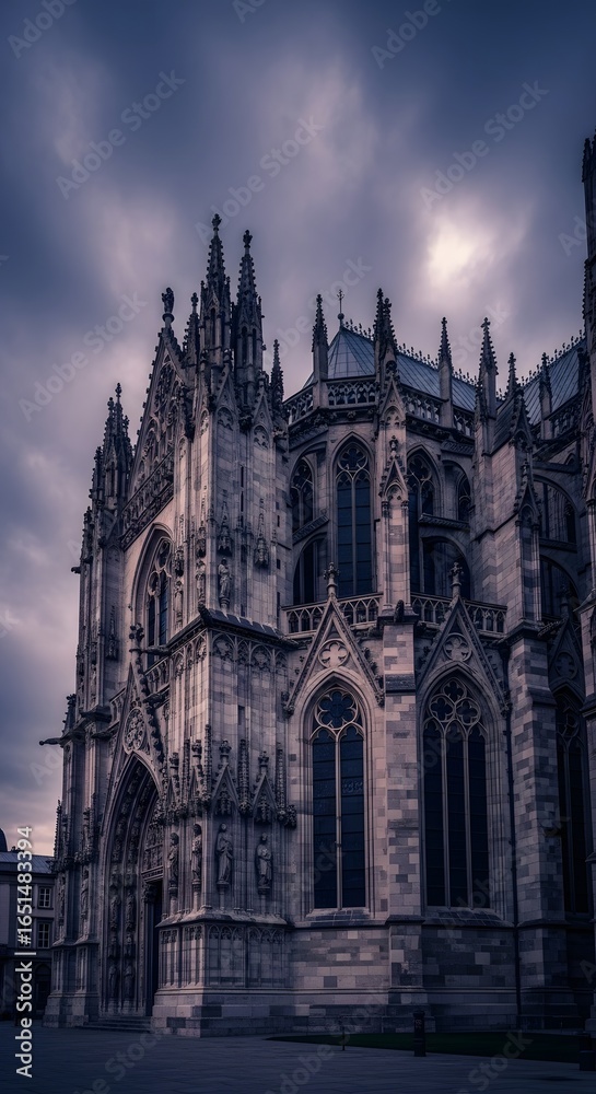 Fototapeta premium Gothic cathedral at twilight, moody clouds and detailed stonework