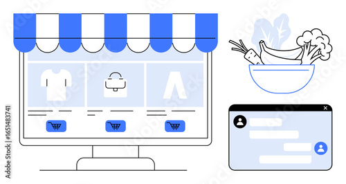Desktop storefront offering clothing, accessories, live chat window, and fresh produce illustration. Ideal for e-commerce, grocery delivery, communication, retail, customer support shopping simple