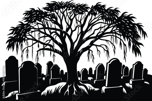 Vector art of silhouette of a spooky tree in a graveyard with tombstones creating a somber and mysterious scene