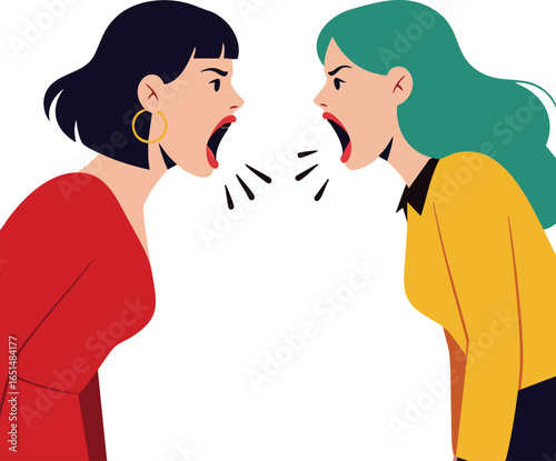 Two women arguing face to face in confrontation with expressive emotions in vector illustration 
