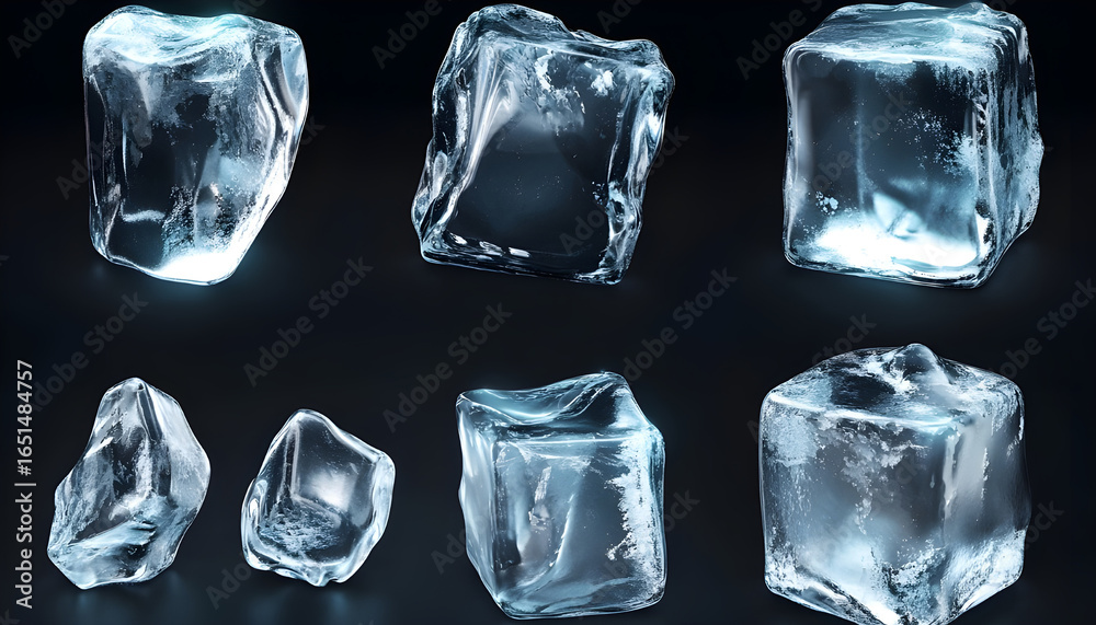 Obraz premium Transparent ice cubes with crystal clear surfaces and realistic frozen texture for beverage industry presentations