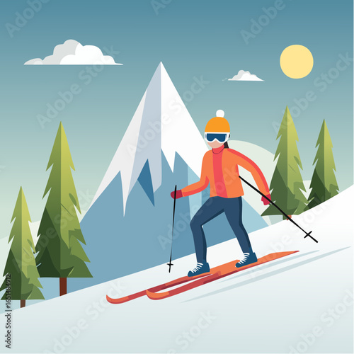 Un skieur en descente, paysage de montagne enneigée, sapins, soleil