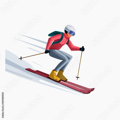 Une skieuse dévale une piste à toute vitesse, ski, sport d'hier, impressionnant, fond blanc