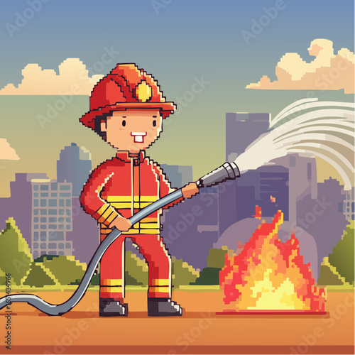 Pixel art, pompier qui éteint un incendie, ville