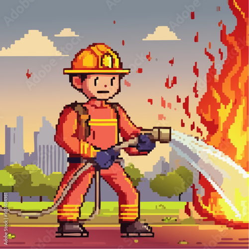 Pixel art, pompier qui éteint un incendie, ville