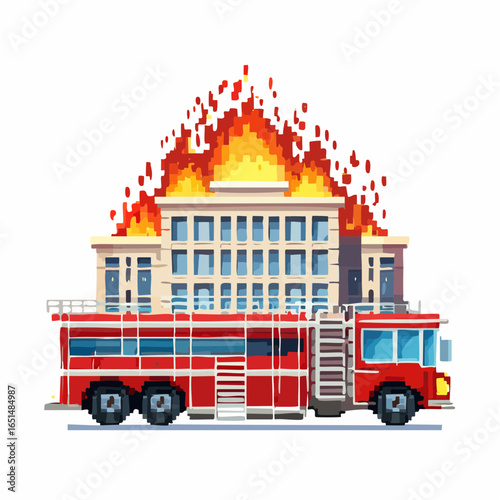 Camion de pompiers devant un immeuble en feu, incendie, intervention