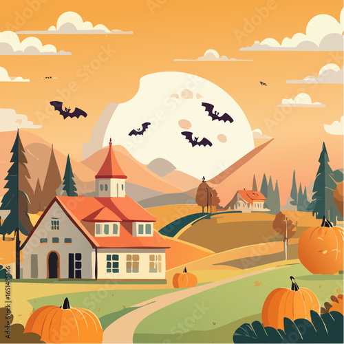 Illustration Halloween, chauve-souris, citrouilles, vallée, maison, nature, couleur orangée, maison
