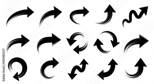 Black Brushstroke Arrows Set on White, Directional Symbols for Navigation