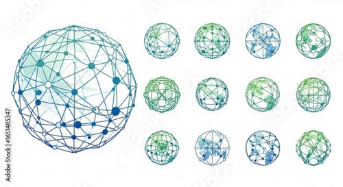 Global Network with World Map, Connection Points, and Wireframe on White