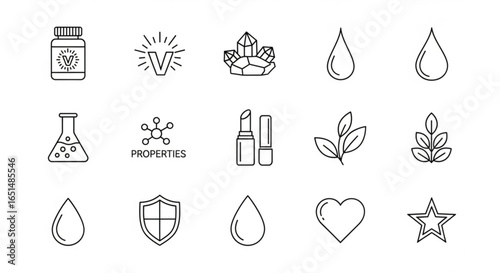 Beauty, Health Icons with Bottle, Crystal