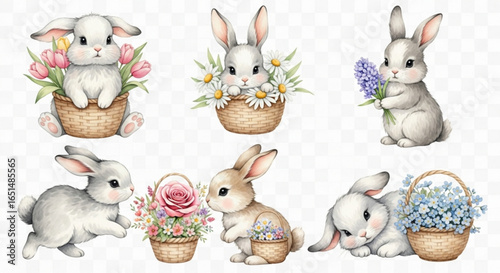 Watercolor Rabbits with Flowers in Baskets, Cute Easter Bunny Set, Springtime