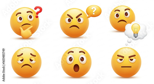Emoticons with Different Facial Expressions on a White Background, 3D Render