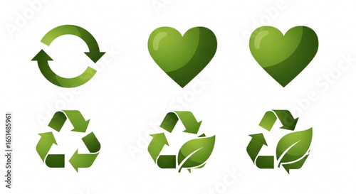 Green Recycling Symbols and Hearts on White, Eco-Friendly, Sustainable Living