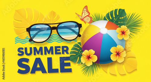 Summer Sale with Beach Ball, Sunglasses, Butterfly